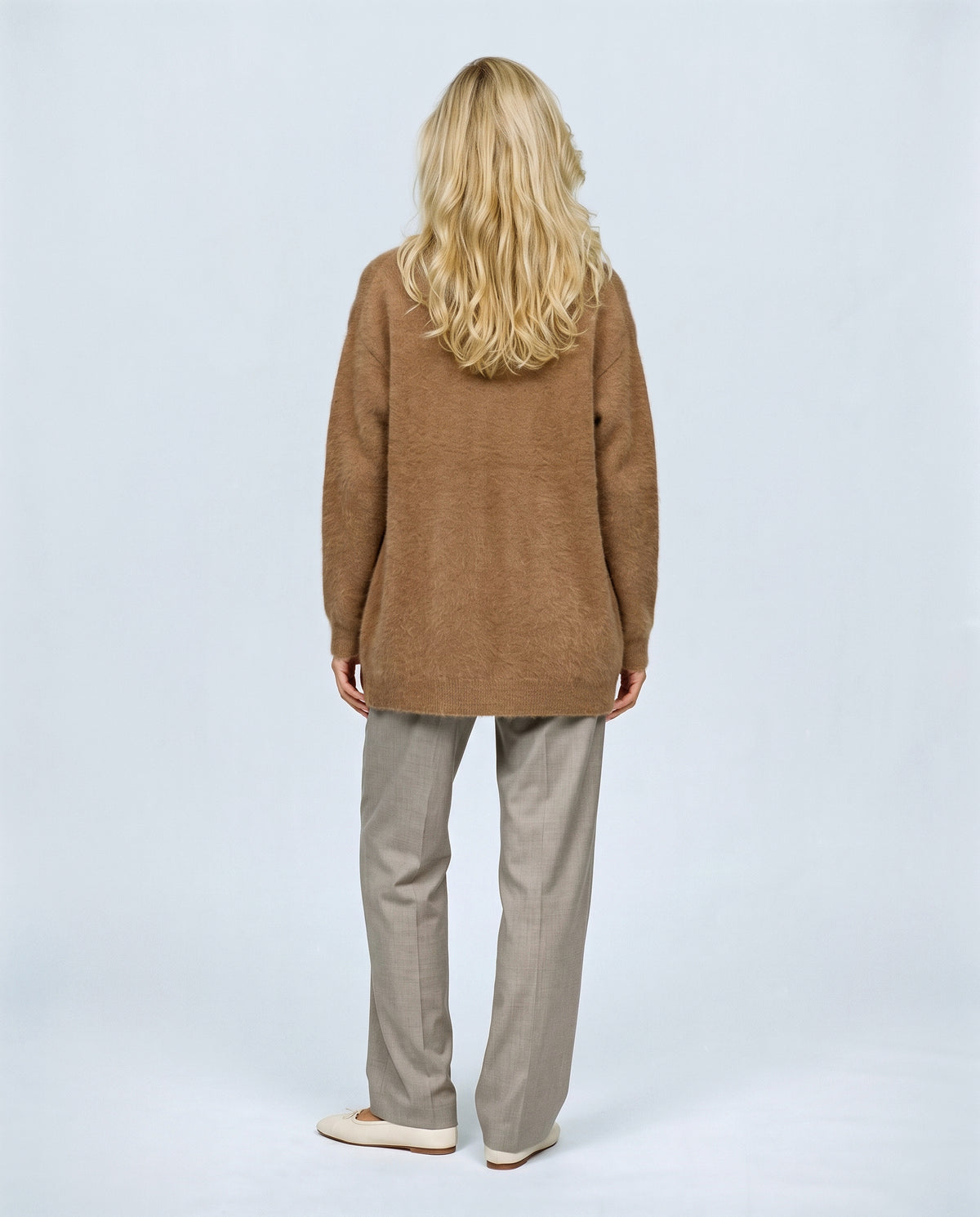 Anais Longline Button Cardigan in Camel, back view on a non-pregnant model
