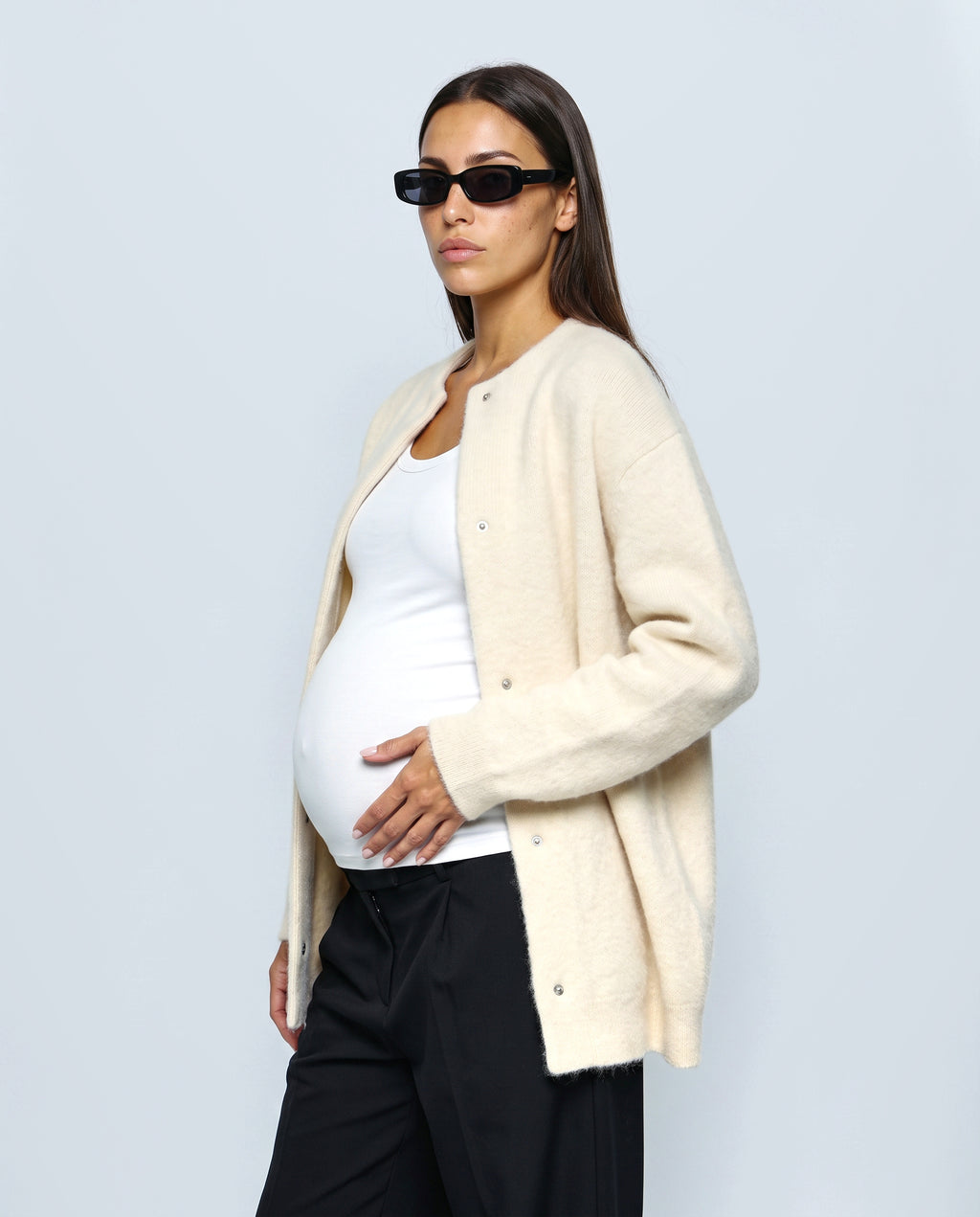 Anais Longline Button Cardigan in Cream, side view
