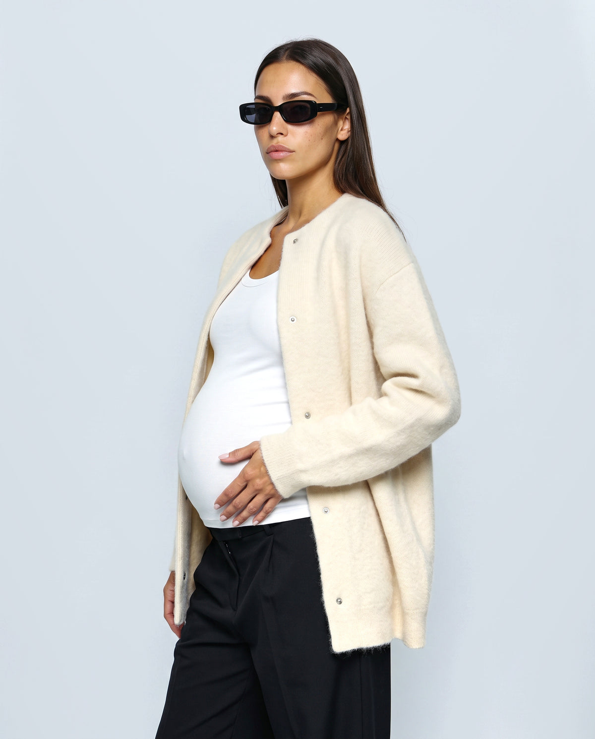 Anais Longline Button Cardigan in Cream, side view