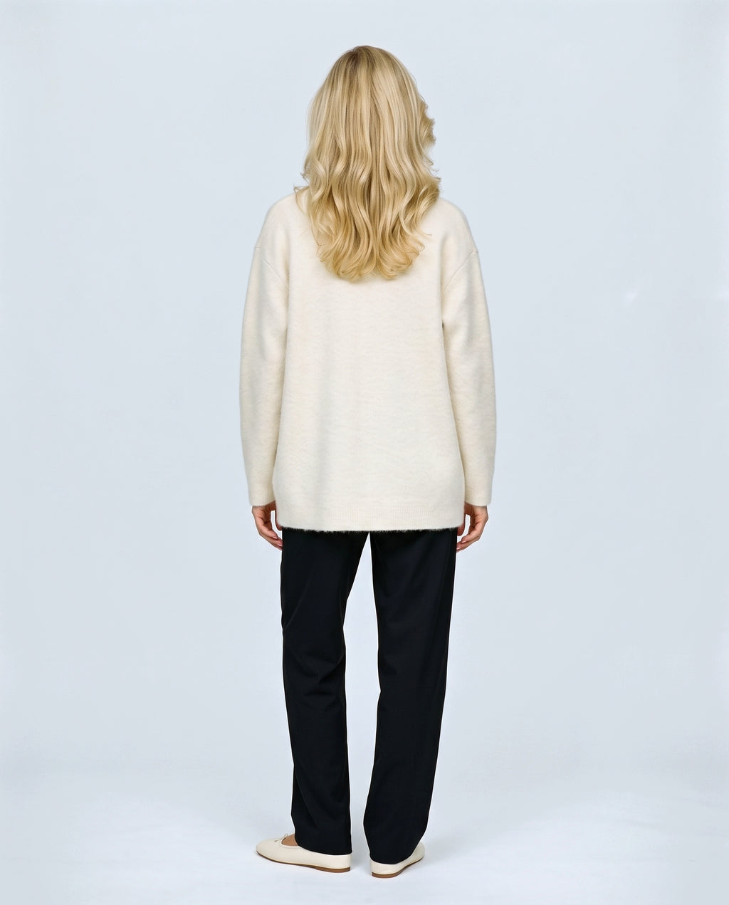 Anais Longline Button Cardigan in Cream, back view on a non-pregnant model