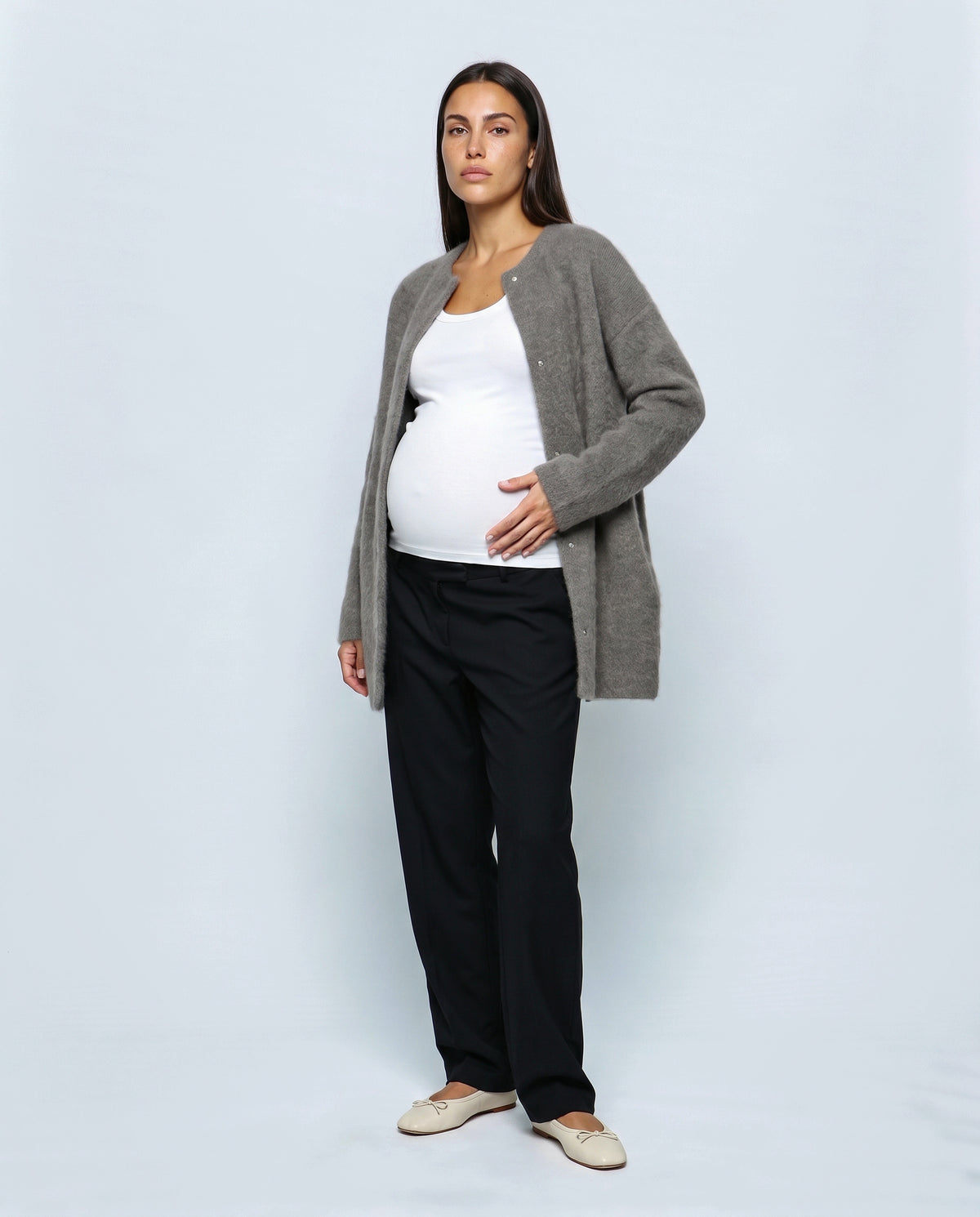 Anais Longline Button Cardigan in Grey, front view