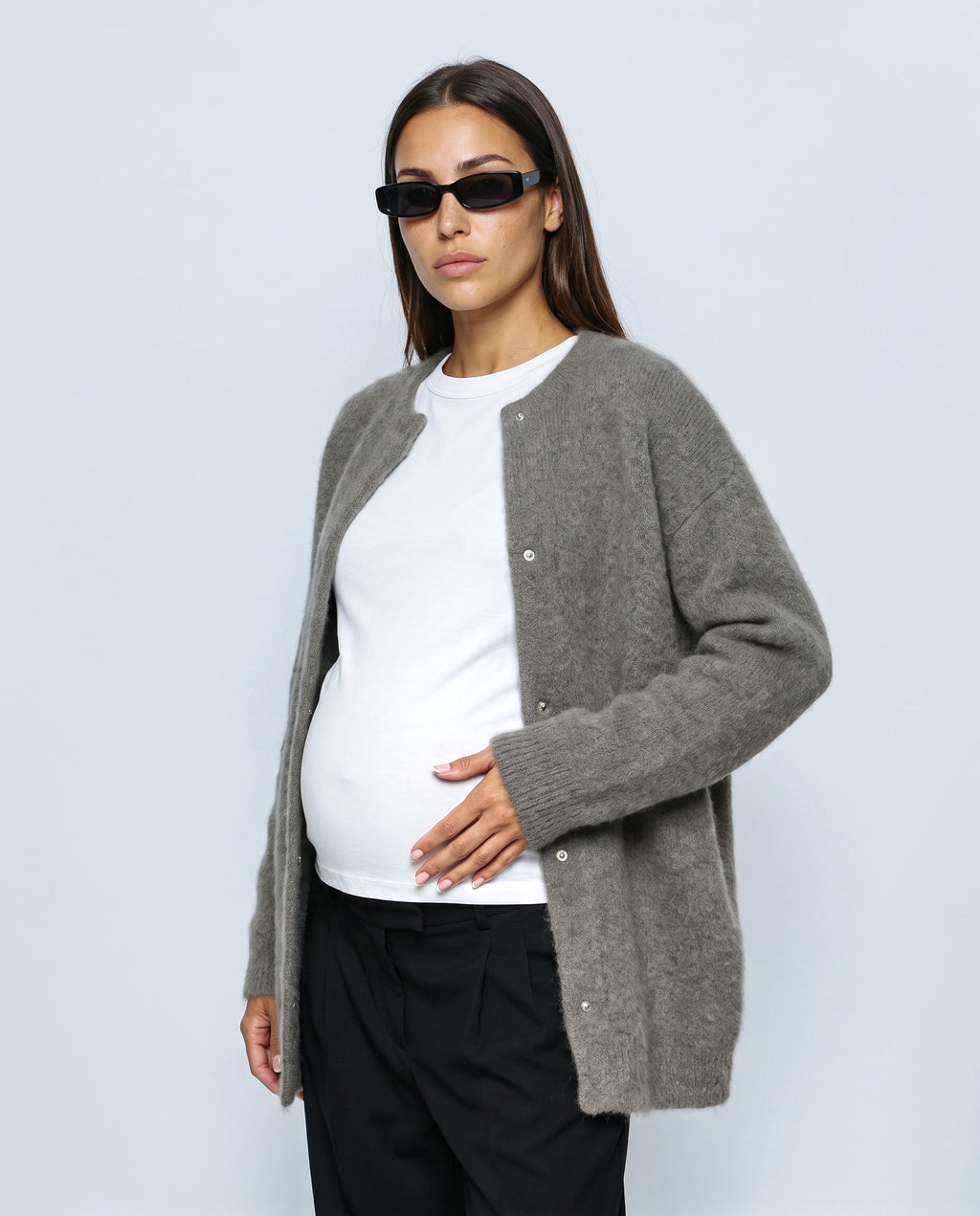 Anais Longline Button Cardigan in Grey, side view