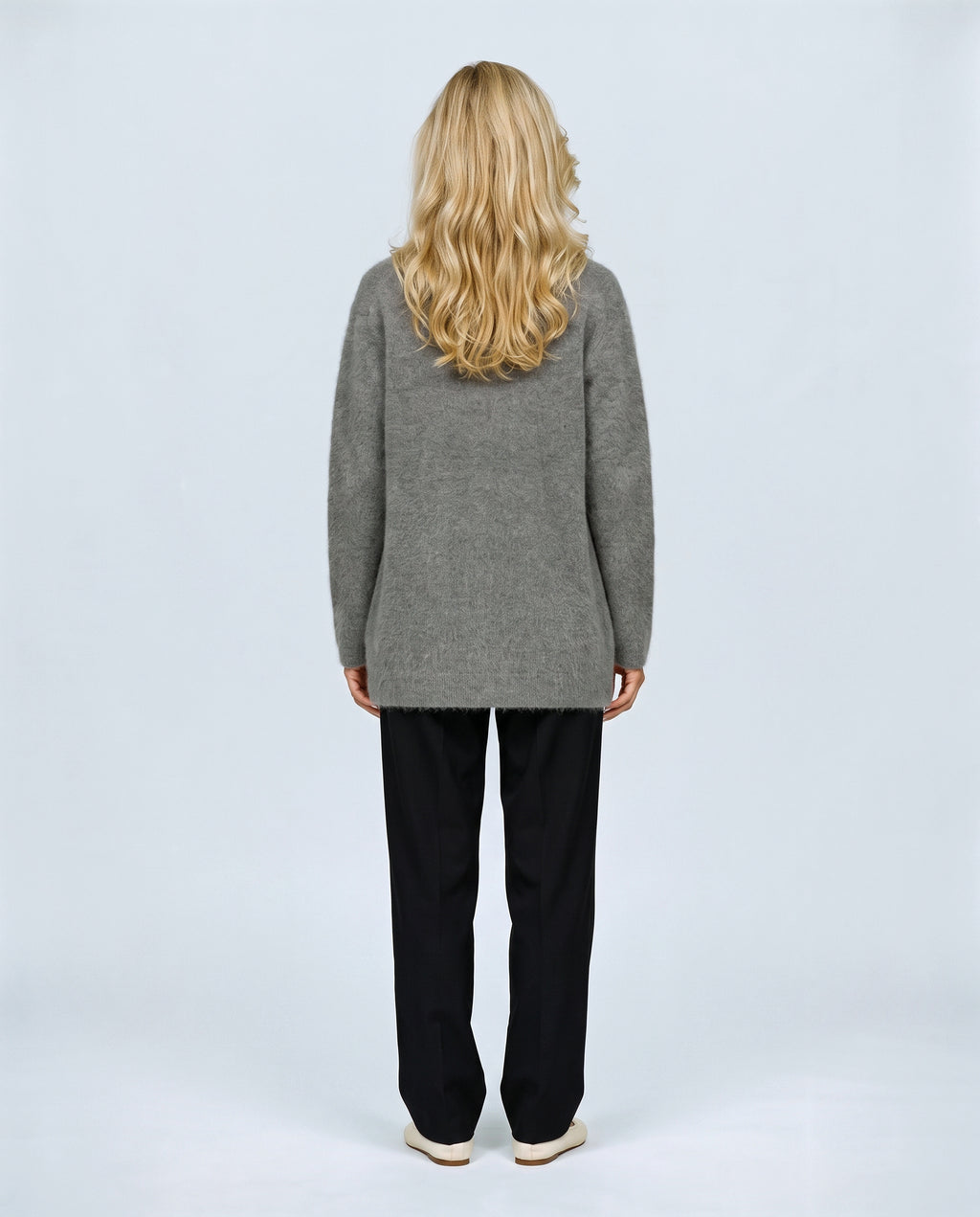 Anais Longline Button Cardigan in Grey, back view on a non-pregnant model