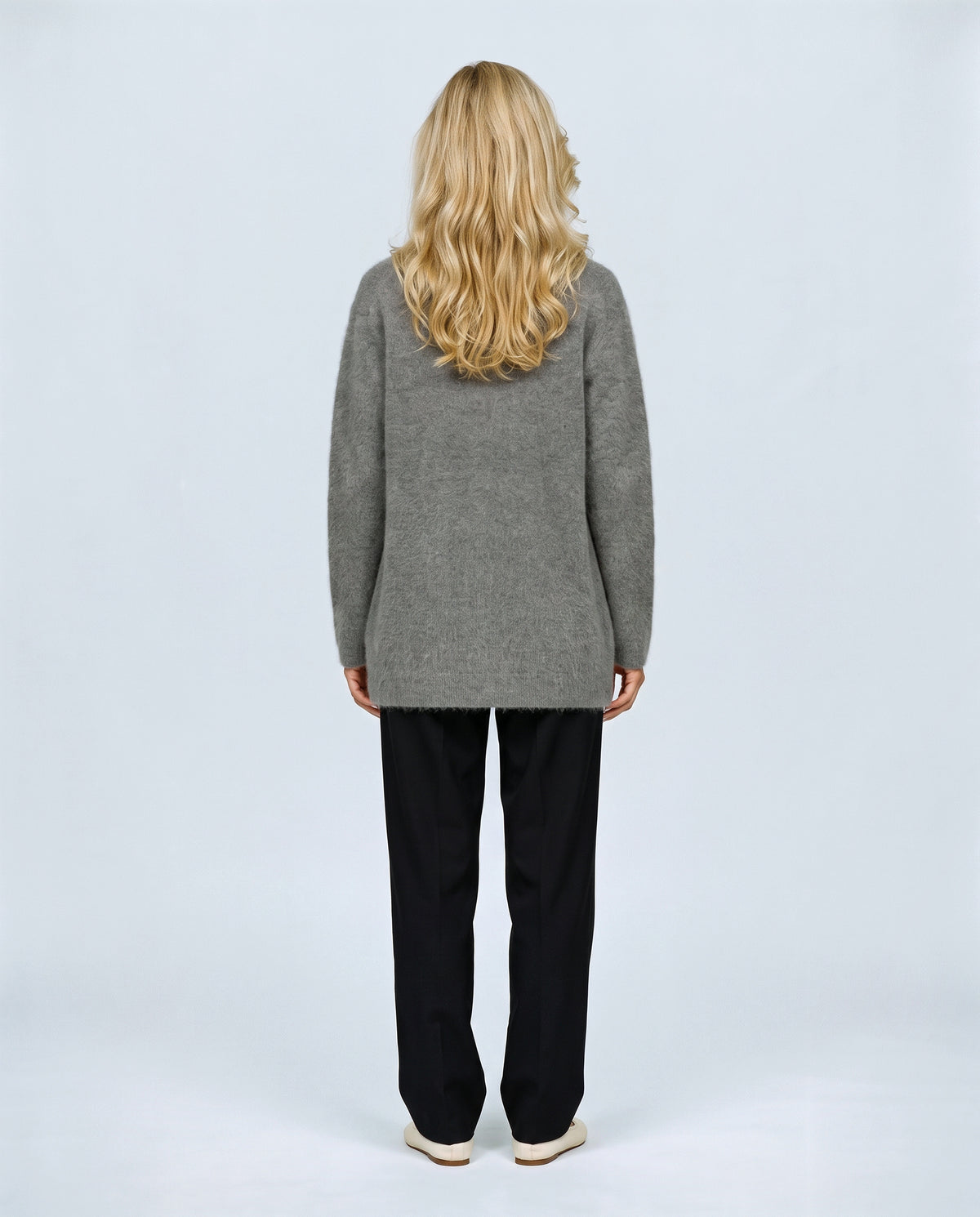 Anais Longline Button Cardigan in Grey, back view on a non-pregnant model