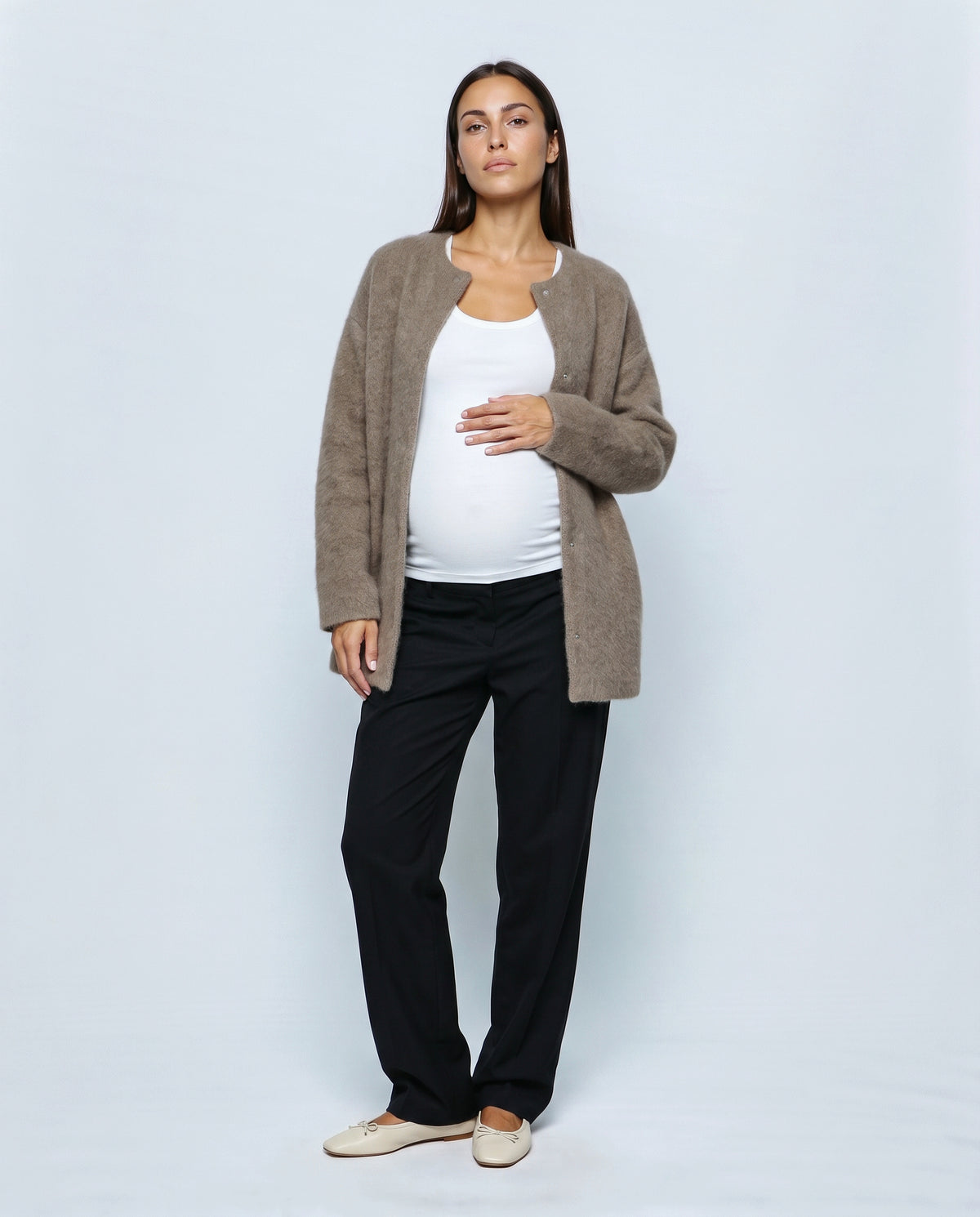 Anais Longline Button Cardigan in Taupe, front view