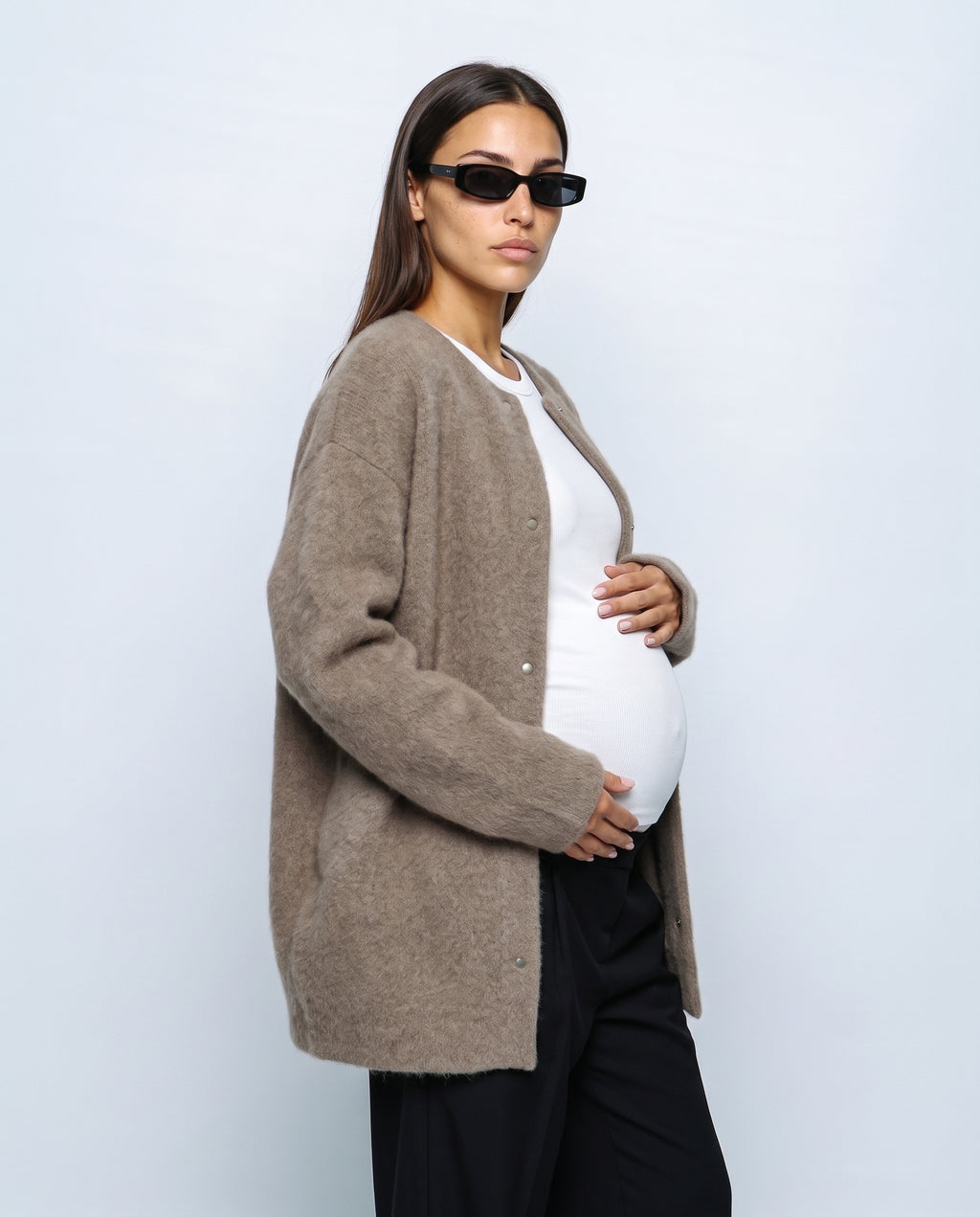 Anais Longline Button Cardigan in Taupe, side view