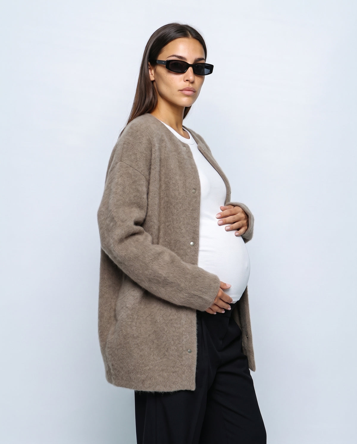 Anais Longline Button Cardigan in Taupe, side view