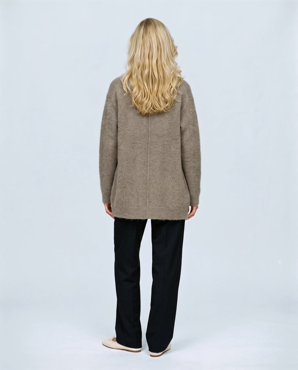 Anais Longline Button Cardigan in Taupe, back view on a non-pregnant model