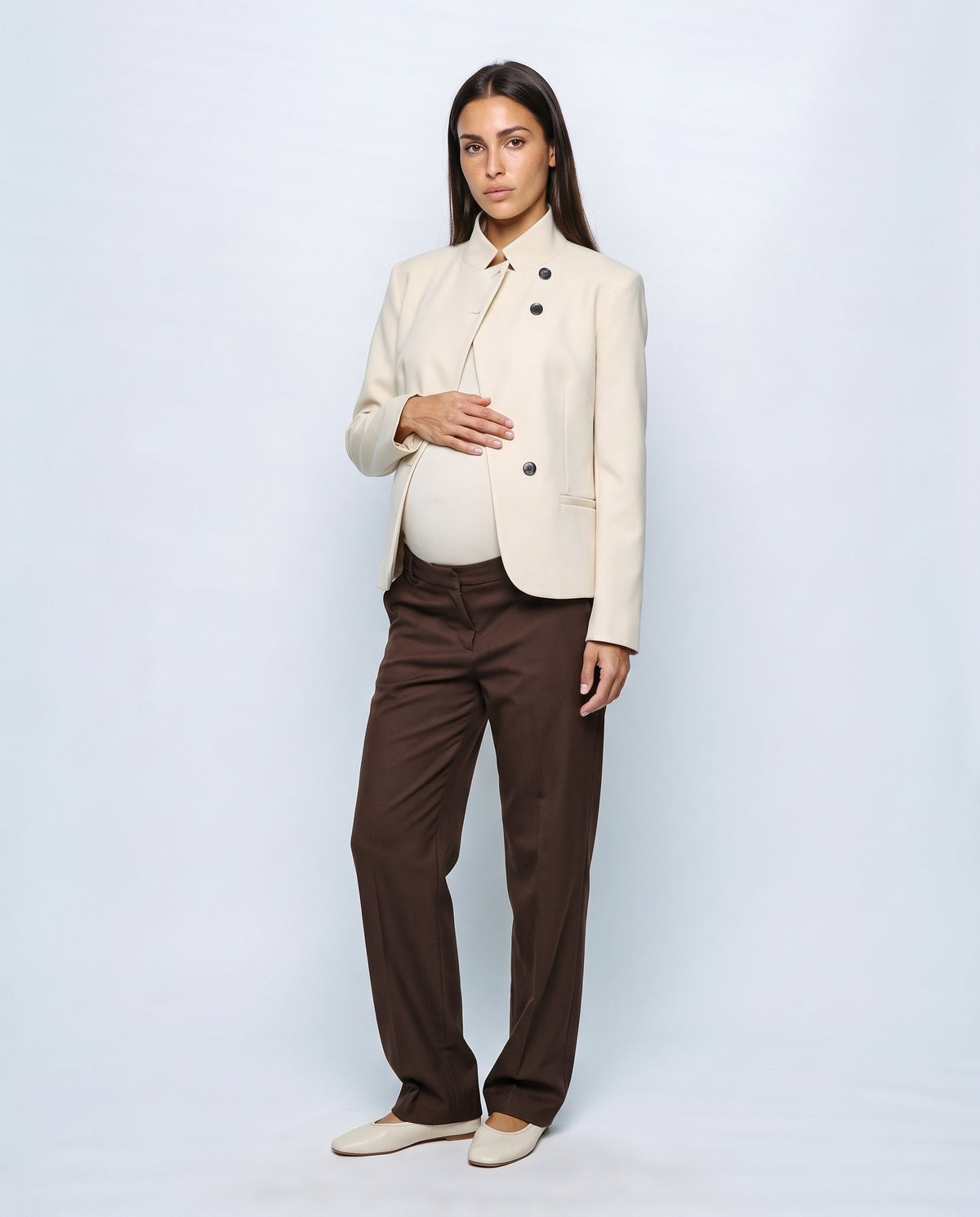 The Collarless Tailored Jacket in Beige, front view