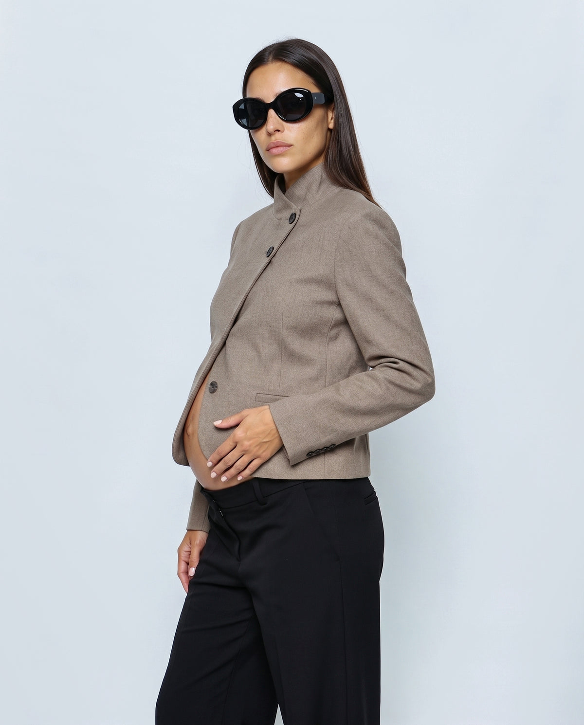 The Collarless Tailored Jacket in Taupe, side close-up
