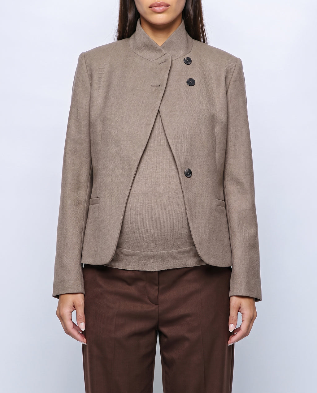 The Collarless Tailored Jacket in Taupe, fabric detail