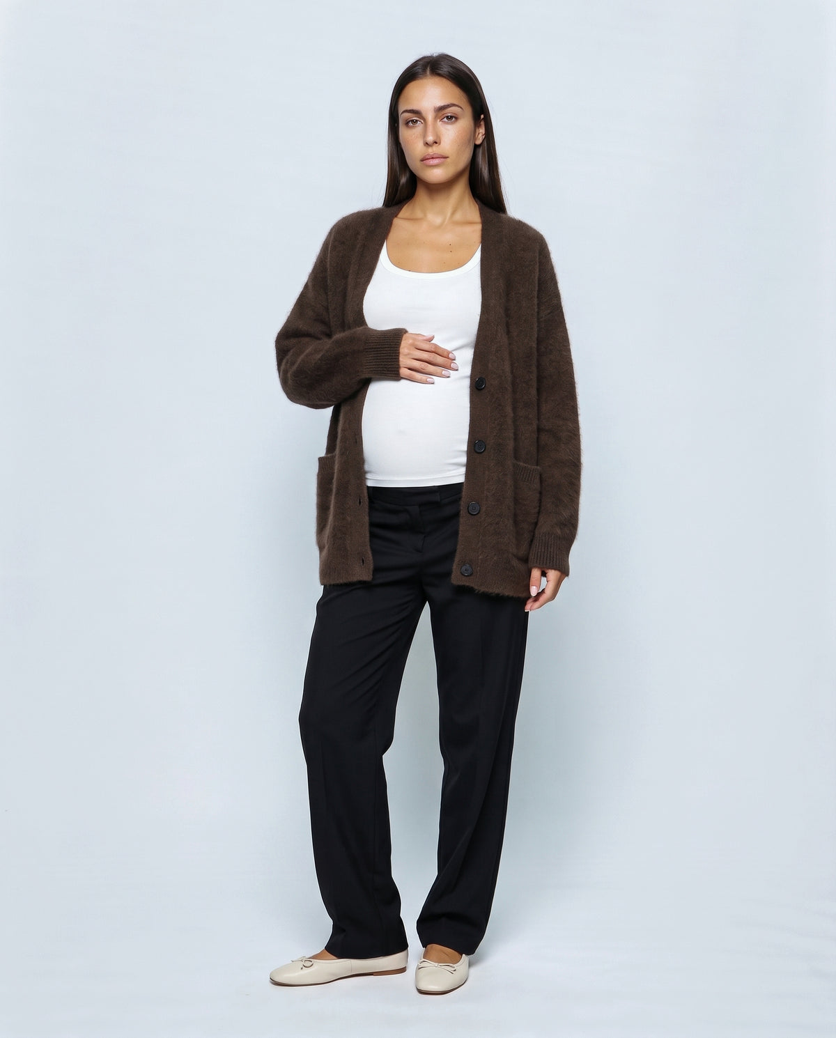 The Deep-V Cardigan in Brown, front view