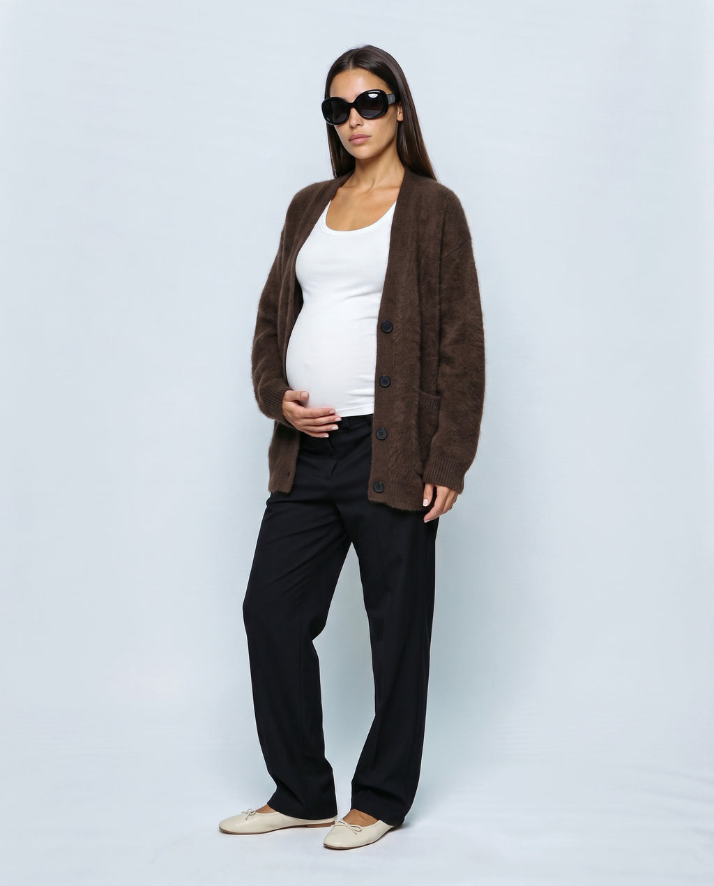 The Deep-V Cardigan in Brown, side view