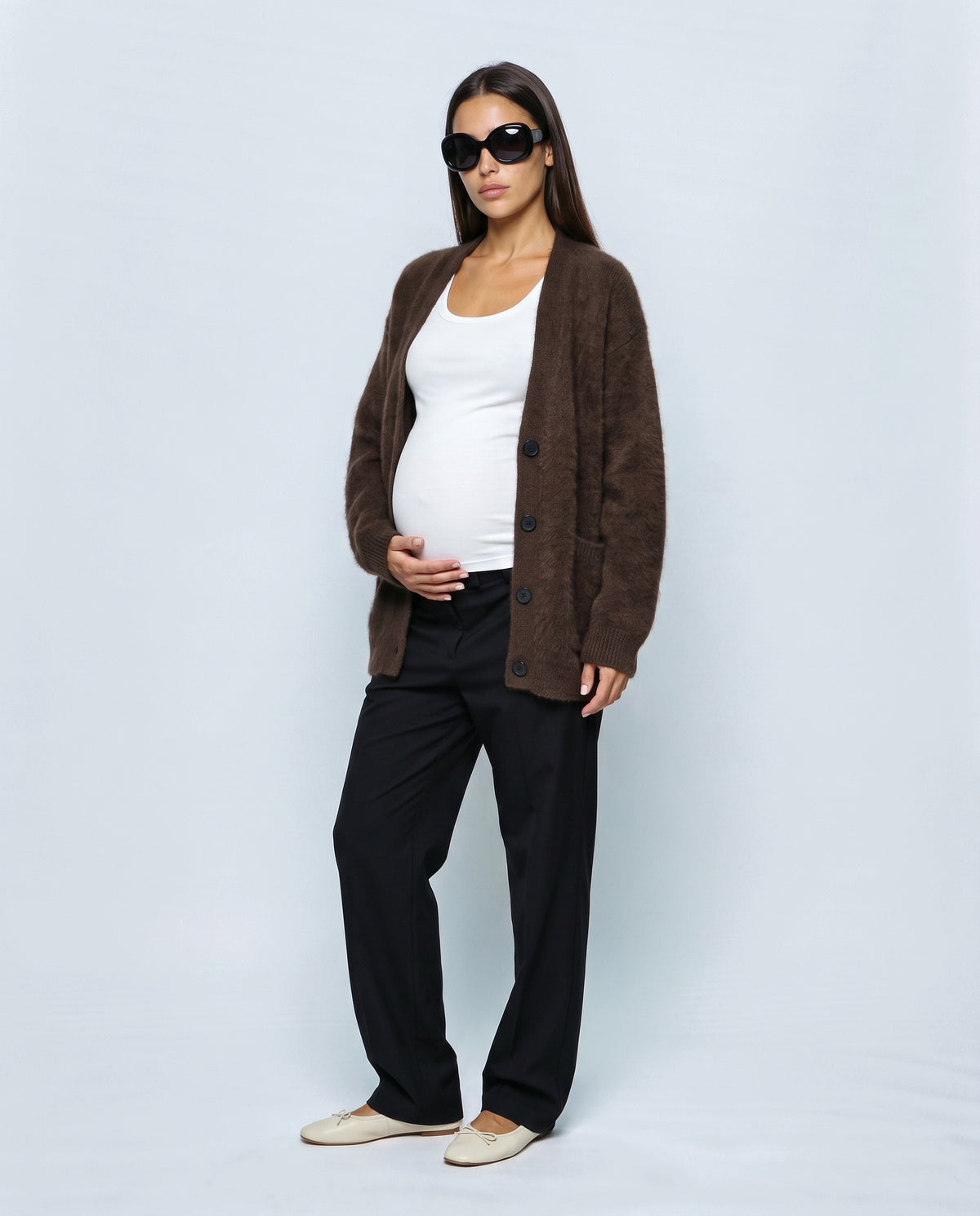 The Deep-V Cardigan in Brown, side view