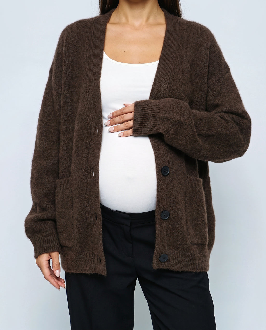 The Deep-V Cardigan in Brown, fabric detail