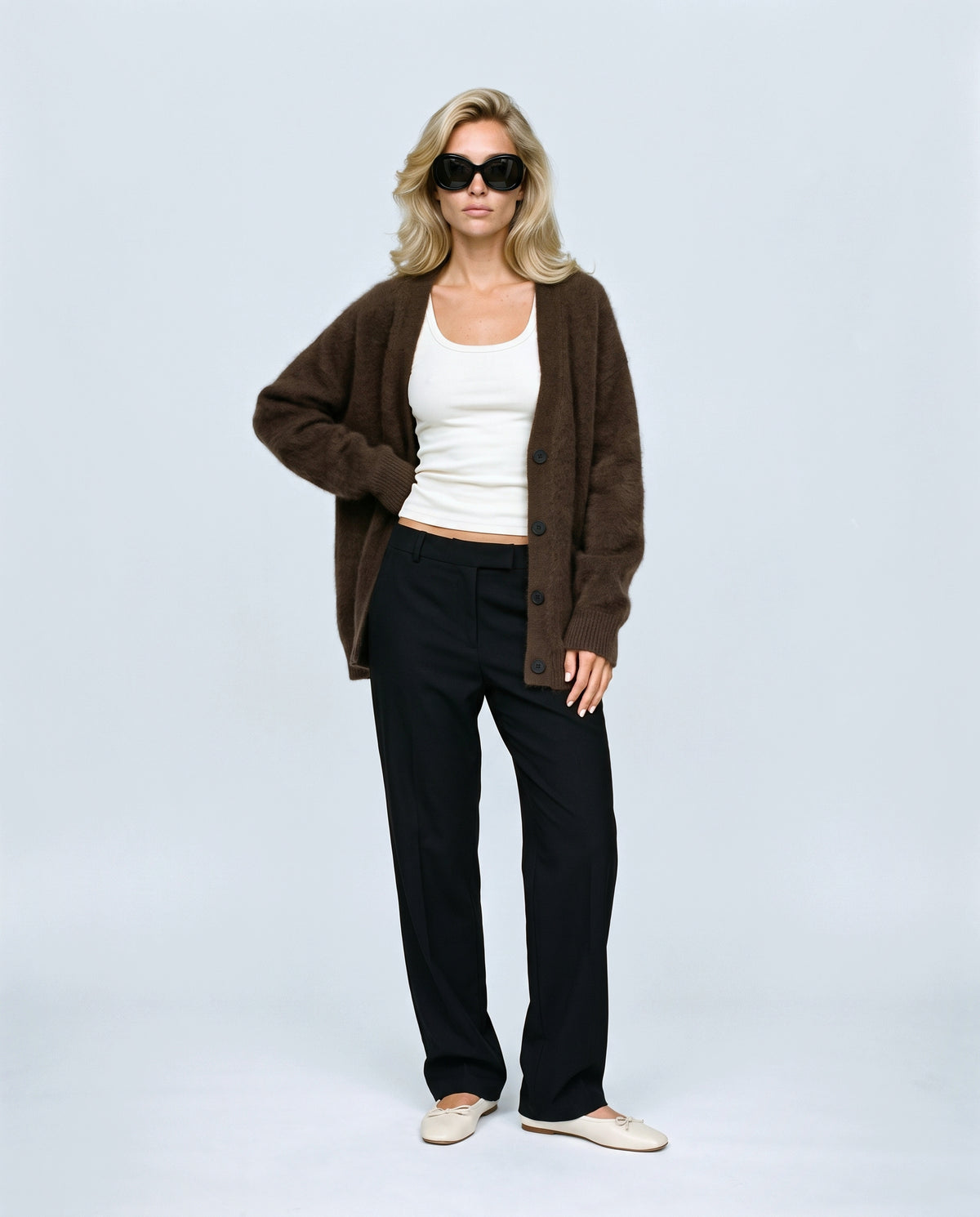 The Deep-V Cardigan in Brown, front view on a non-pregnant model