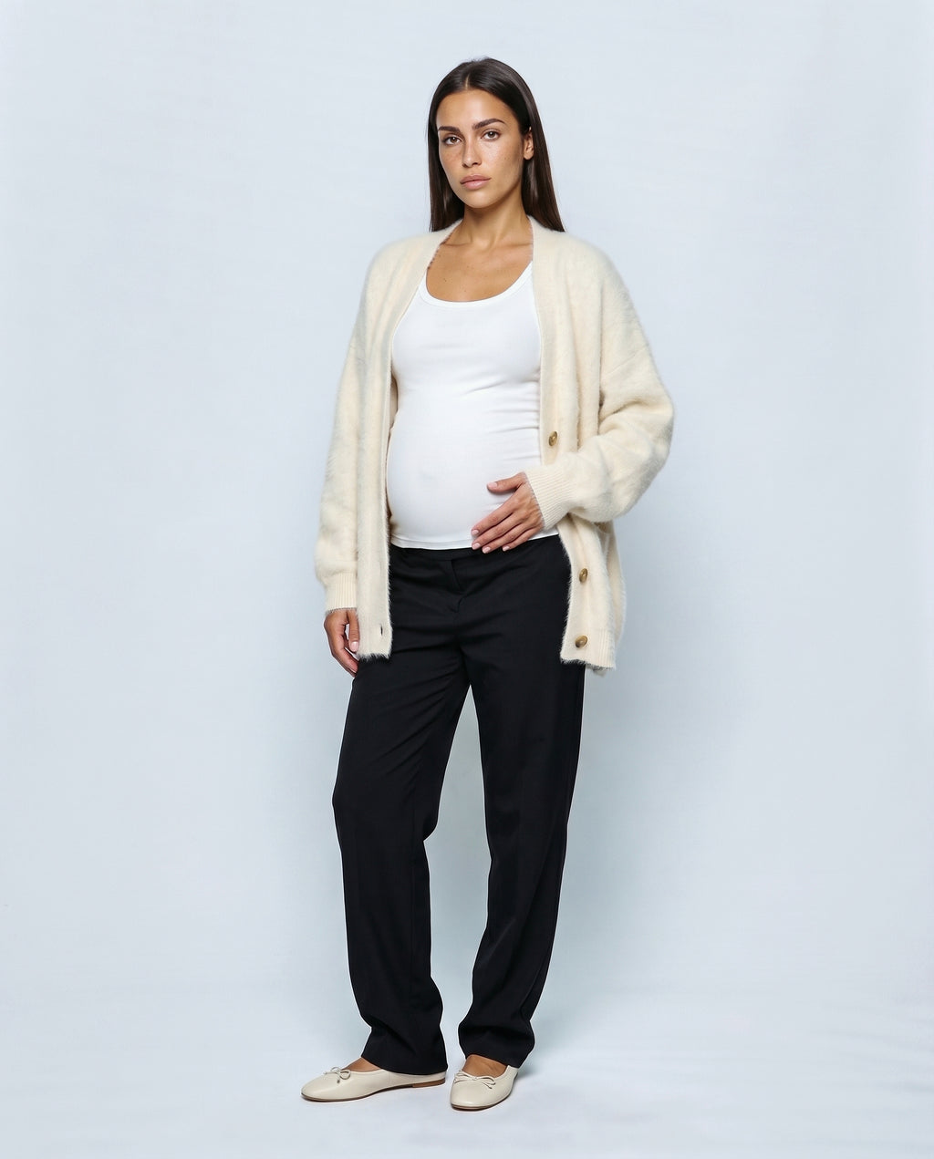 The Deep-V Cardigan in Cream, front view