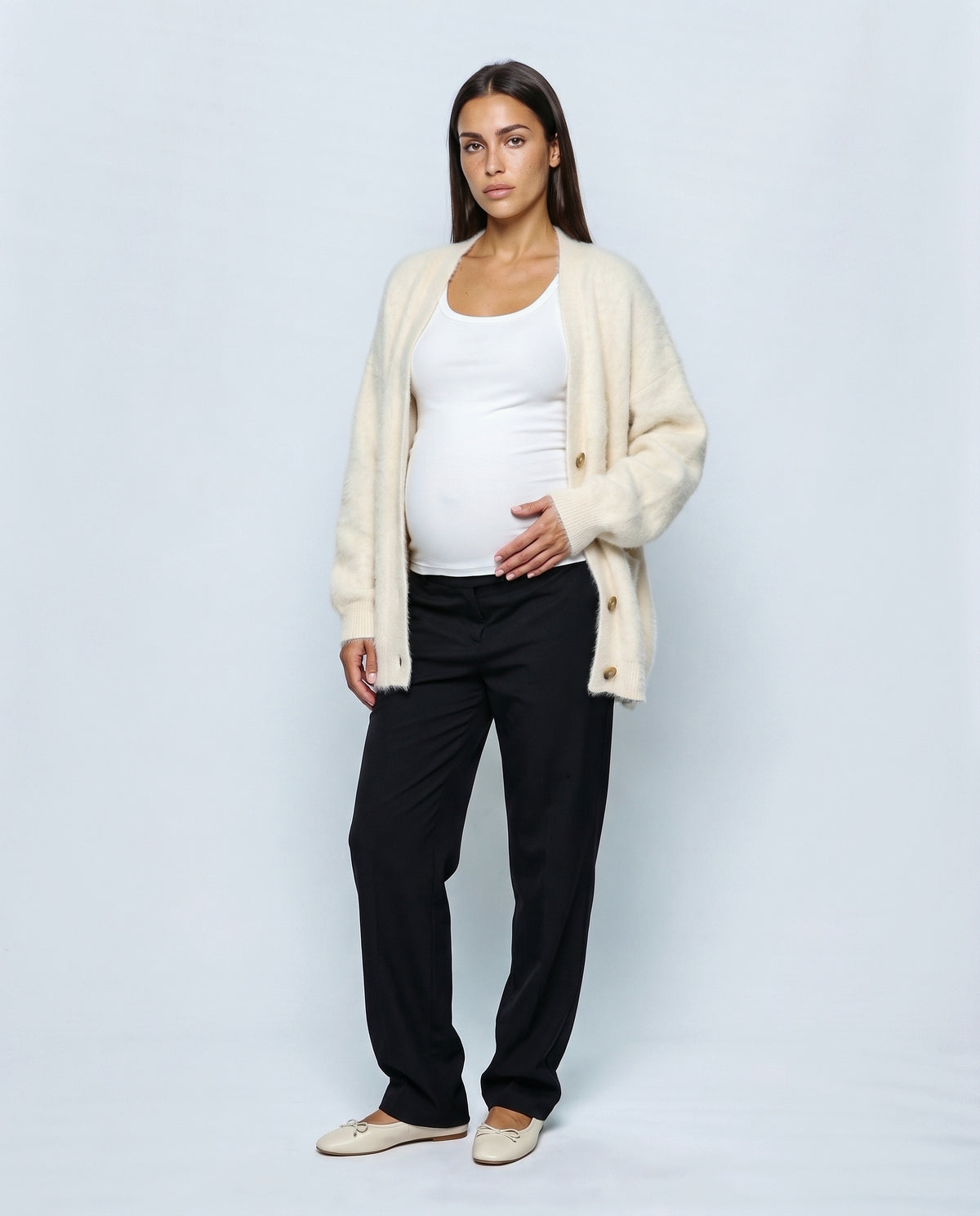 The Deep-V Cardigan in Cream, front view