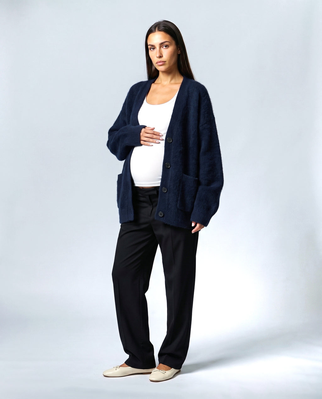 The Deep-V Cardigan in Navy, front view
