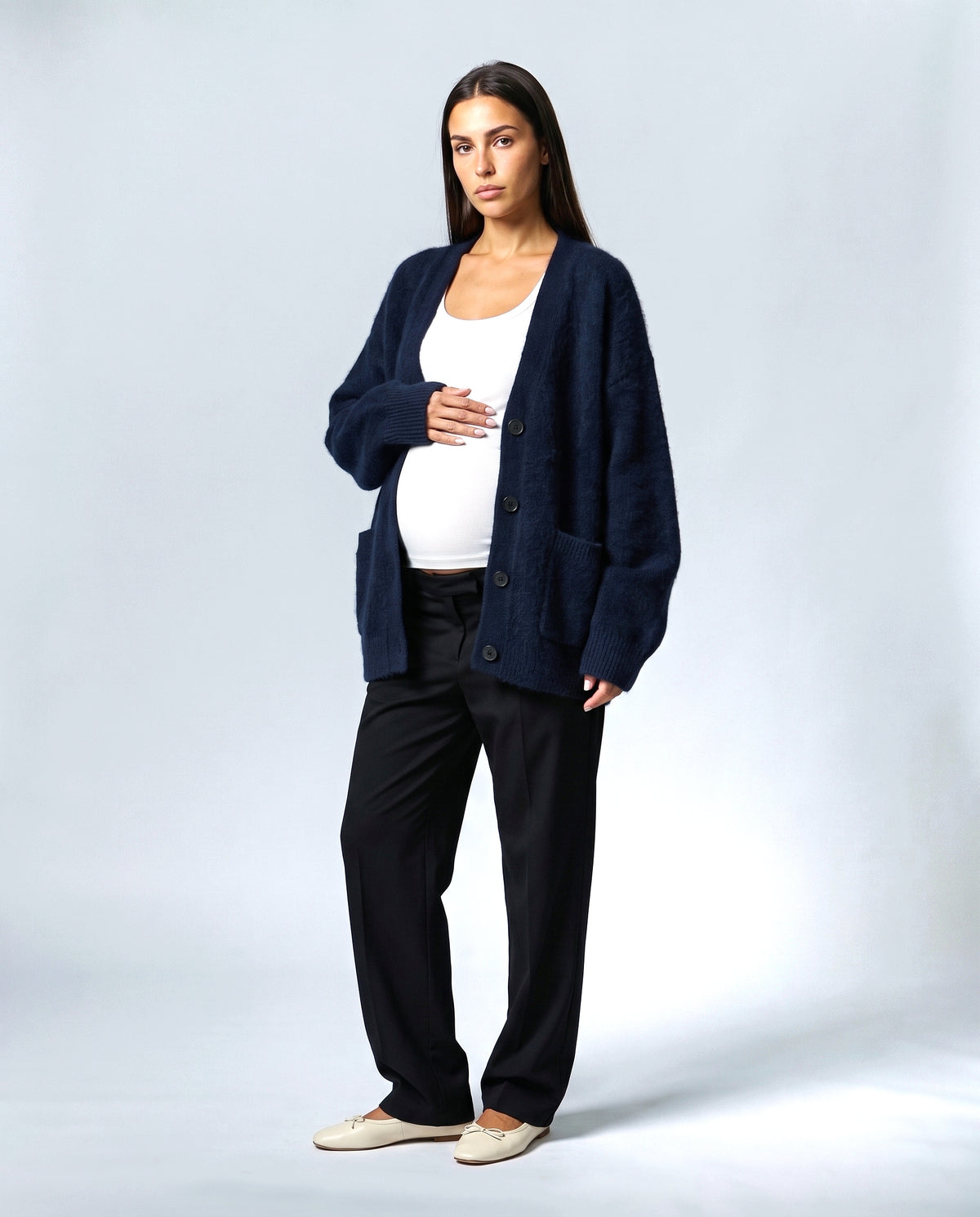 The Deep-V Cardigan in Navy, front view