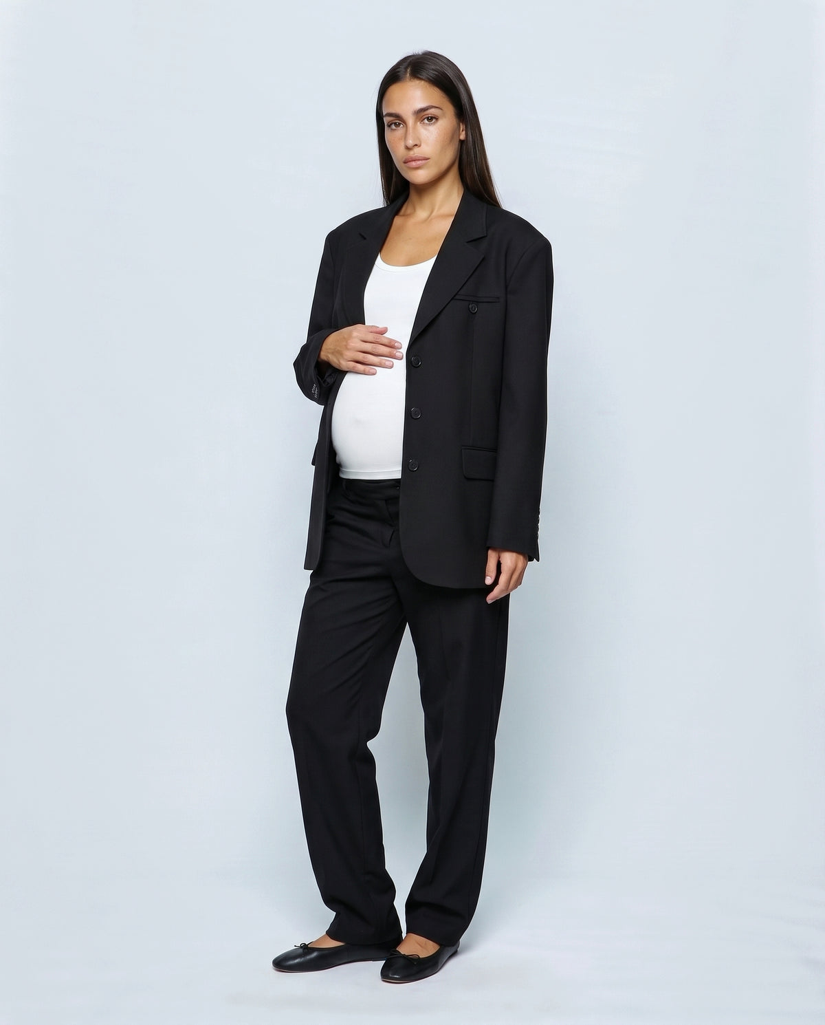 The Relaxed Pinstripe Blazer in Black, front view
