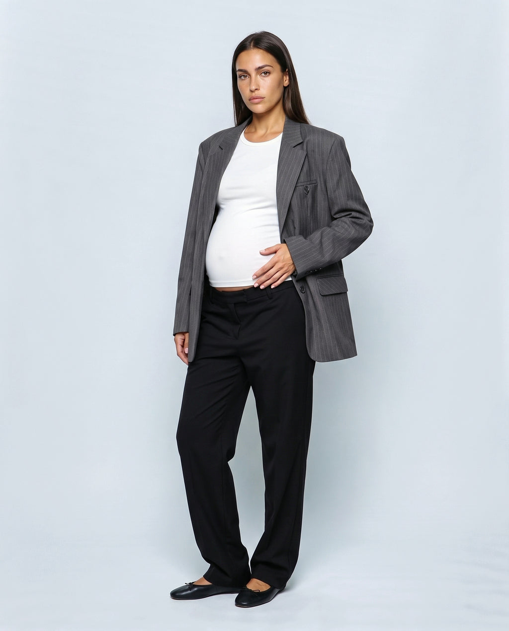 The Relaxed Pinstripe Blazer in Grey pinstripe, front view