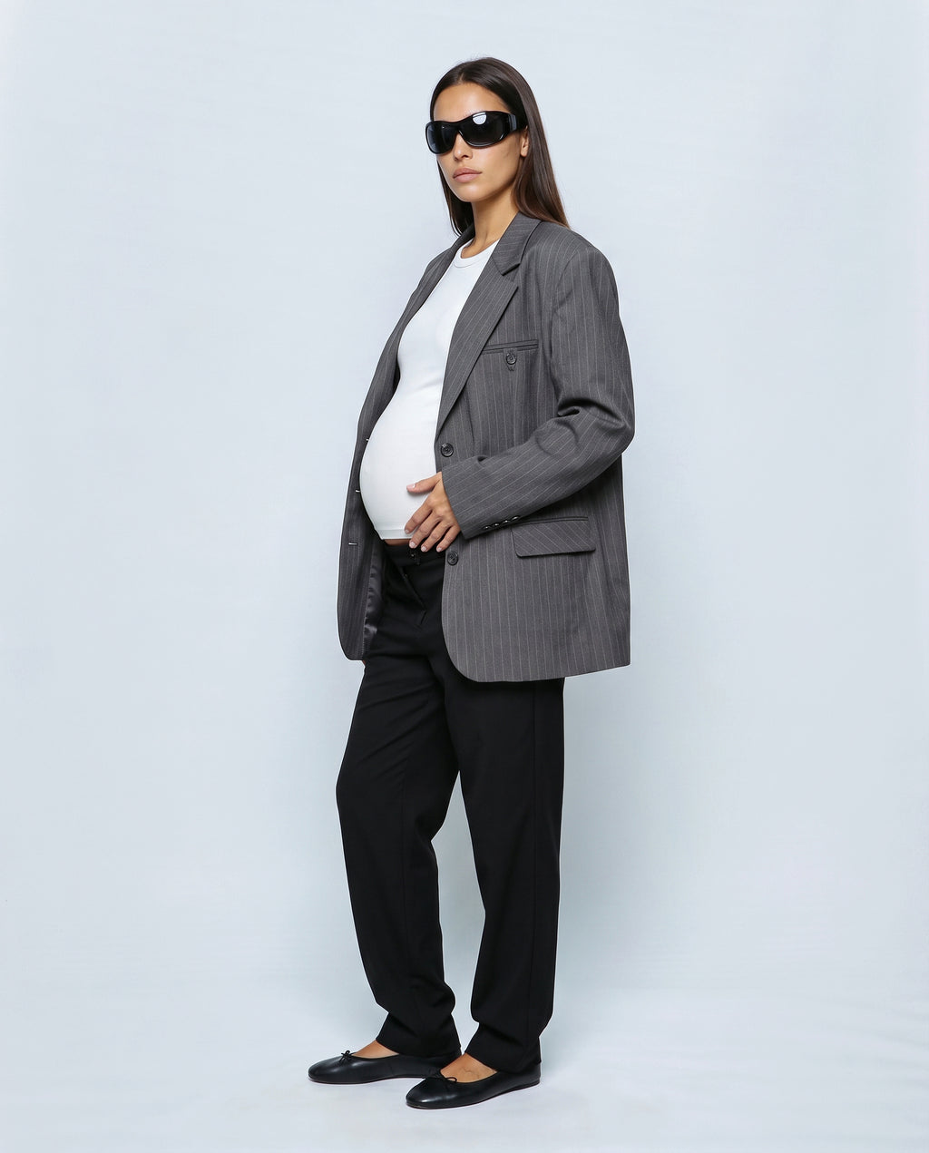 The Relaxed Pinstripe Blazer in Grey pinstripe, side view