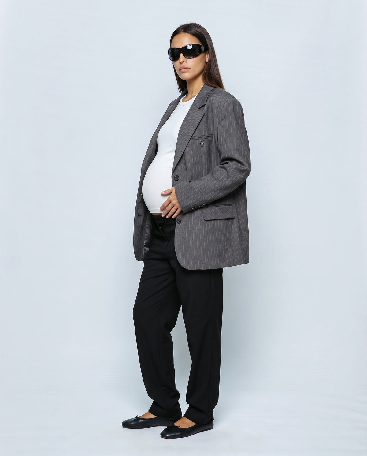The Relaxed Pinstripe Blazer in Grey pinstripe, side view