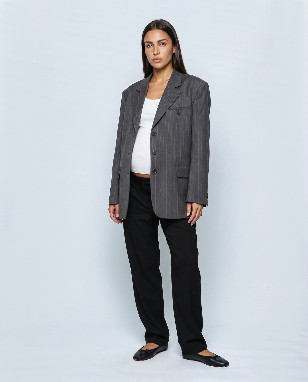 The Relaxed Pinstripe Blazer in Grey pinstripe, side close-up