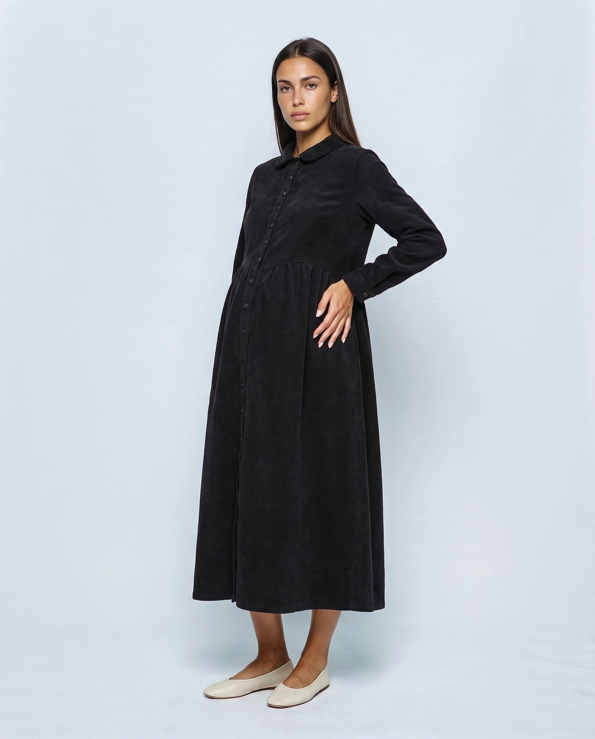 The Corduroy Shirt Dress in Black, front view