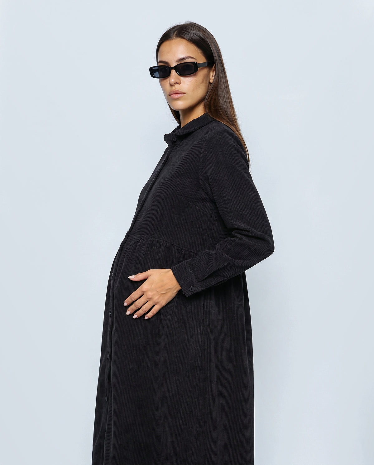 The Corduroy Shirt Dress in Black, side view
