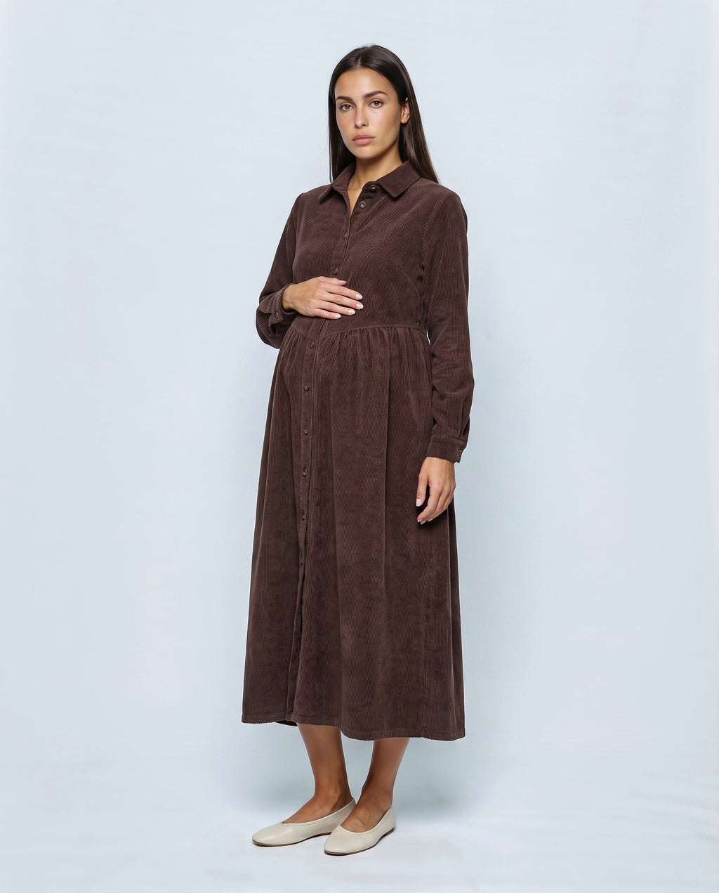 The Corduroy Shirt Dress in Brown, front view