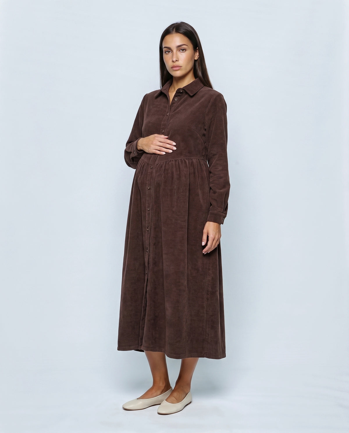 The Corduroy Shirt Dress in Brown, front view