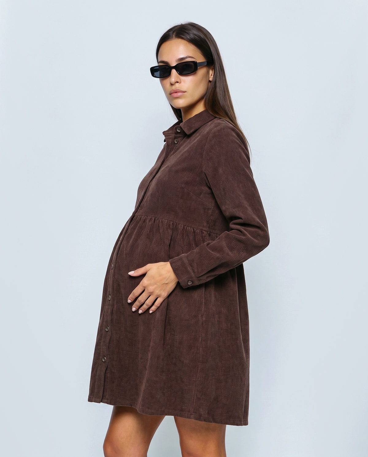 The Corduroy Shirt Dress in Brown, side view