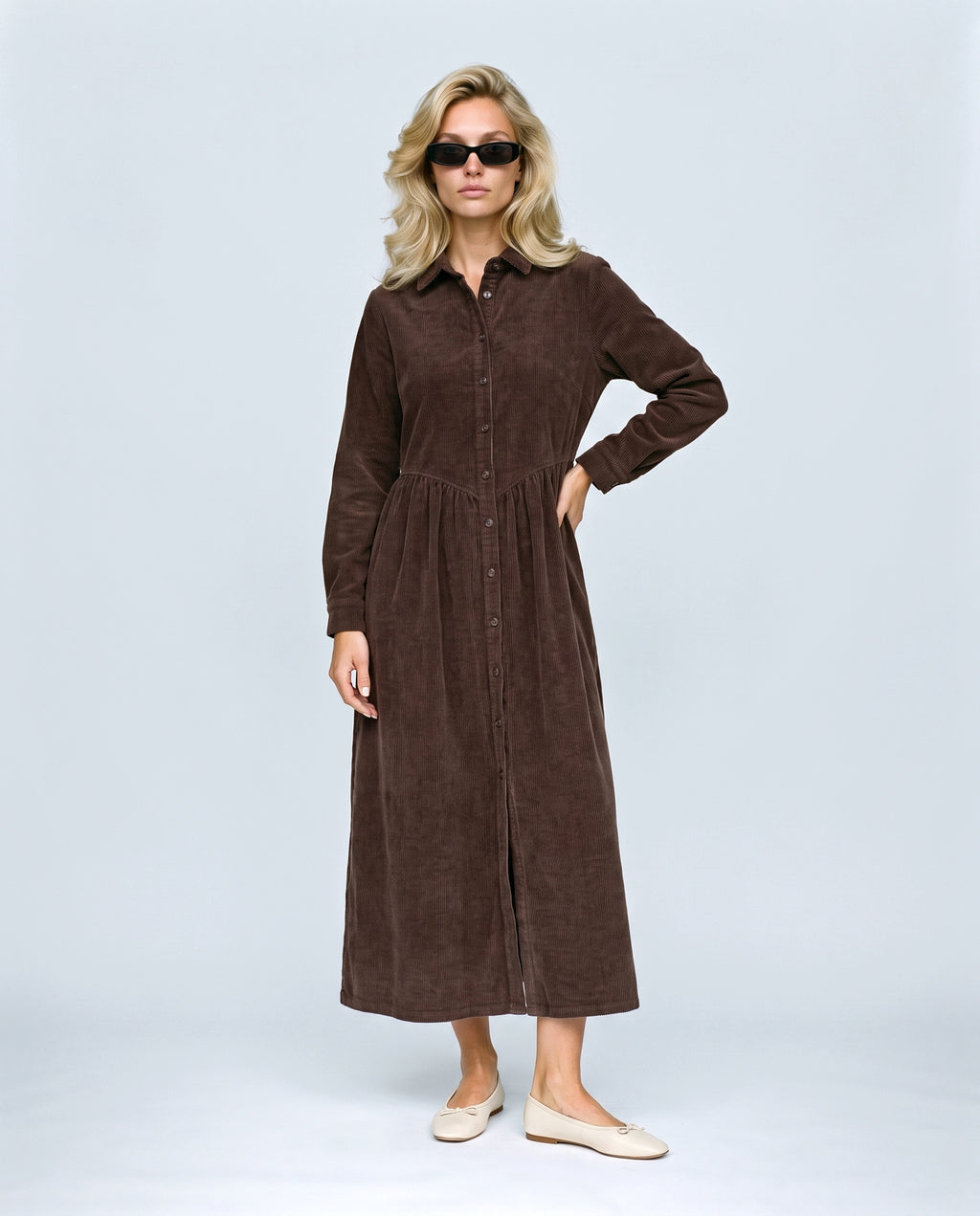 The Corduroy Shirt Dress in Brown, front view on a non-pregnant model