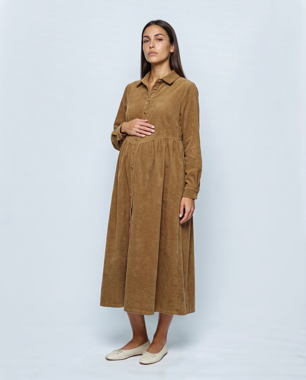The Corduroy Shirt Dress in Camel, front view