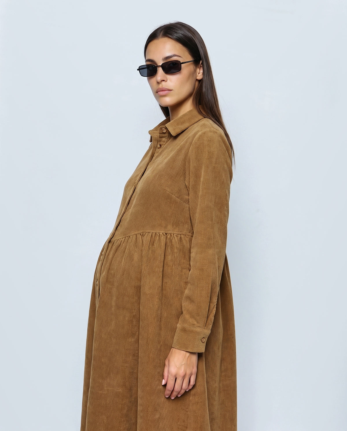 The Corduroy Shirt Dress in Camel, side view