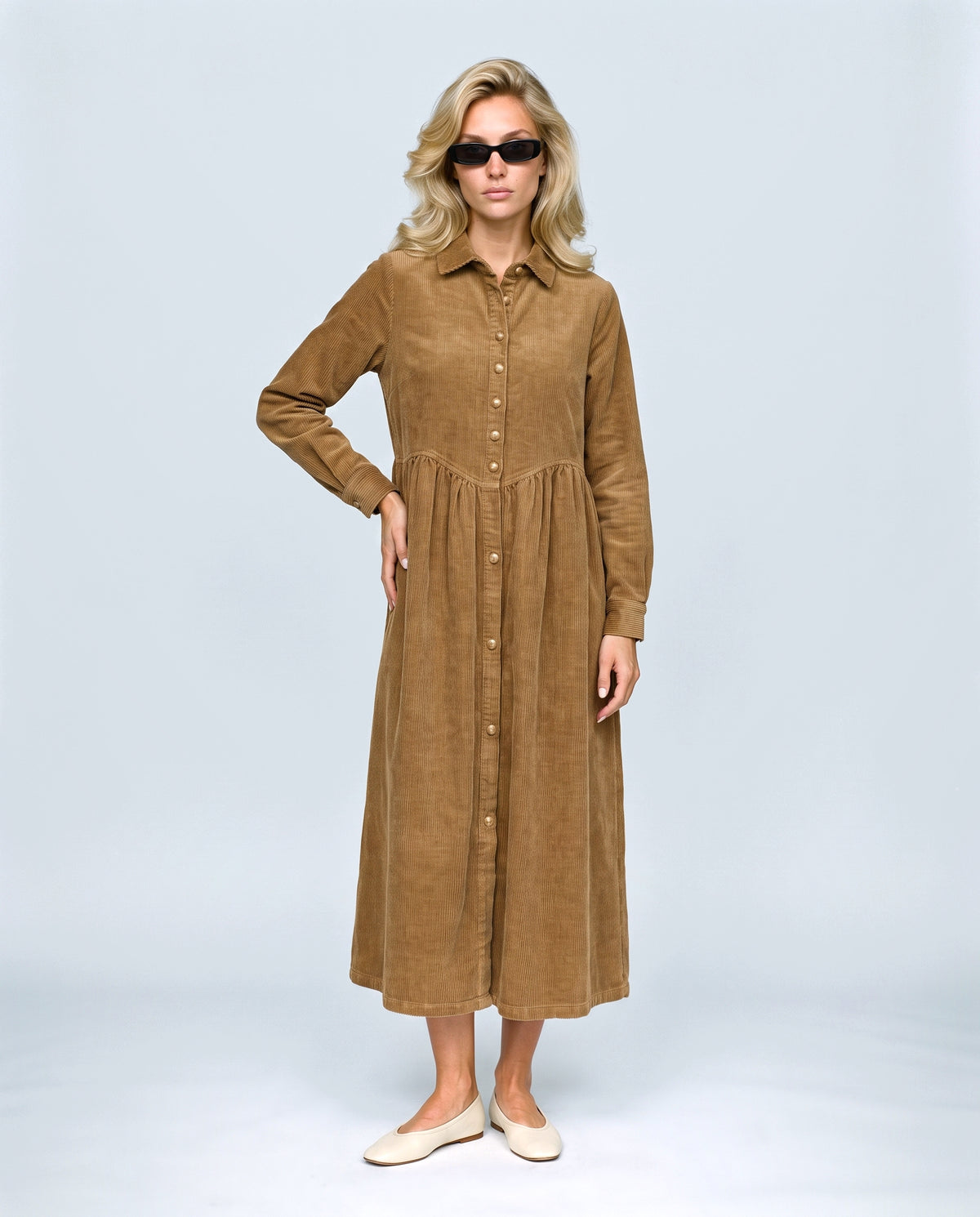 The Corduroy Shirt Dress in Camel, front view on a non-pregnant model