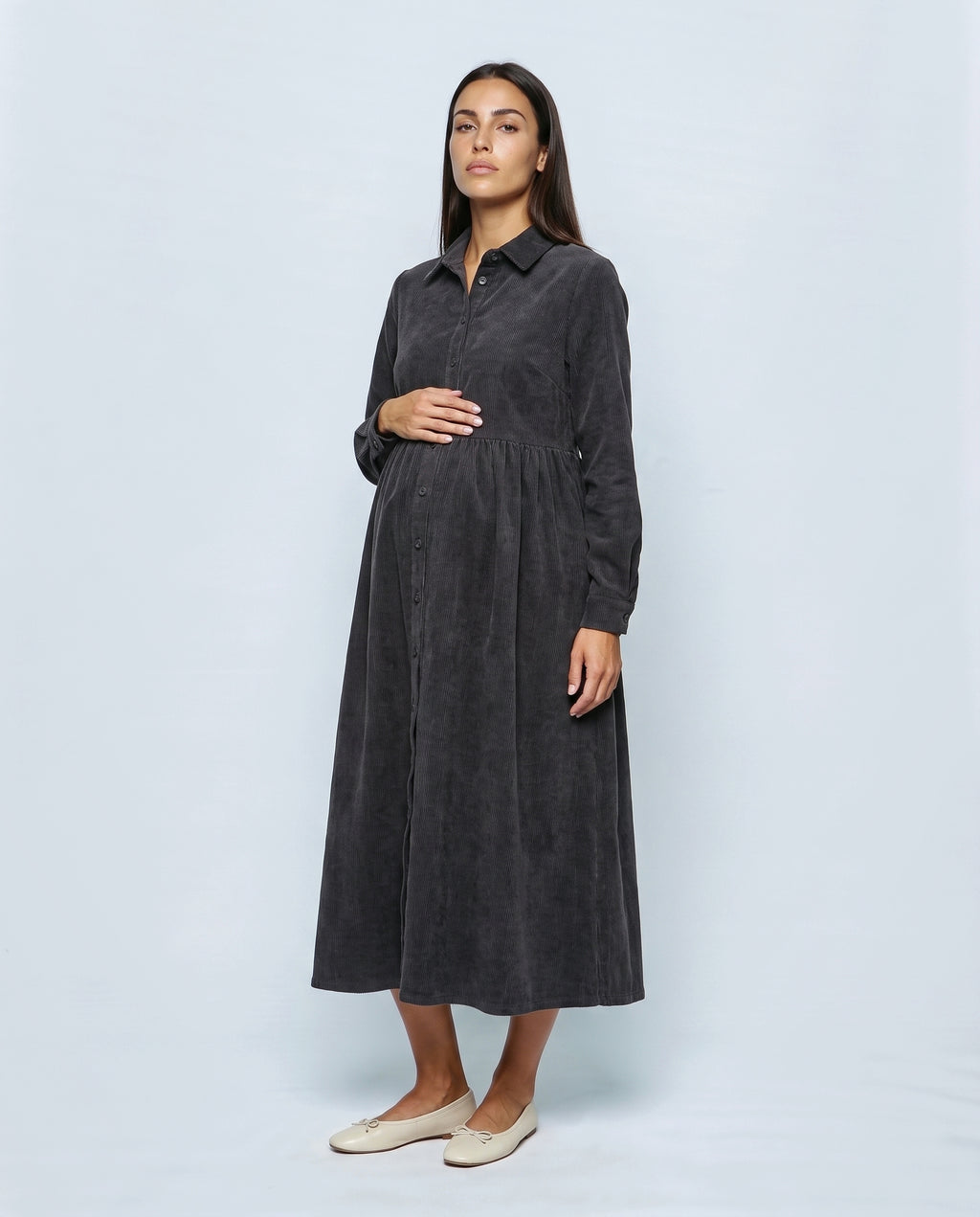 The Corduroy Shirt Dress in Charcoal, front view