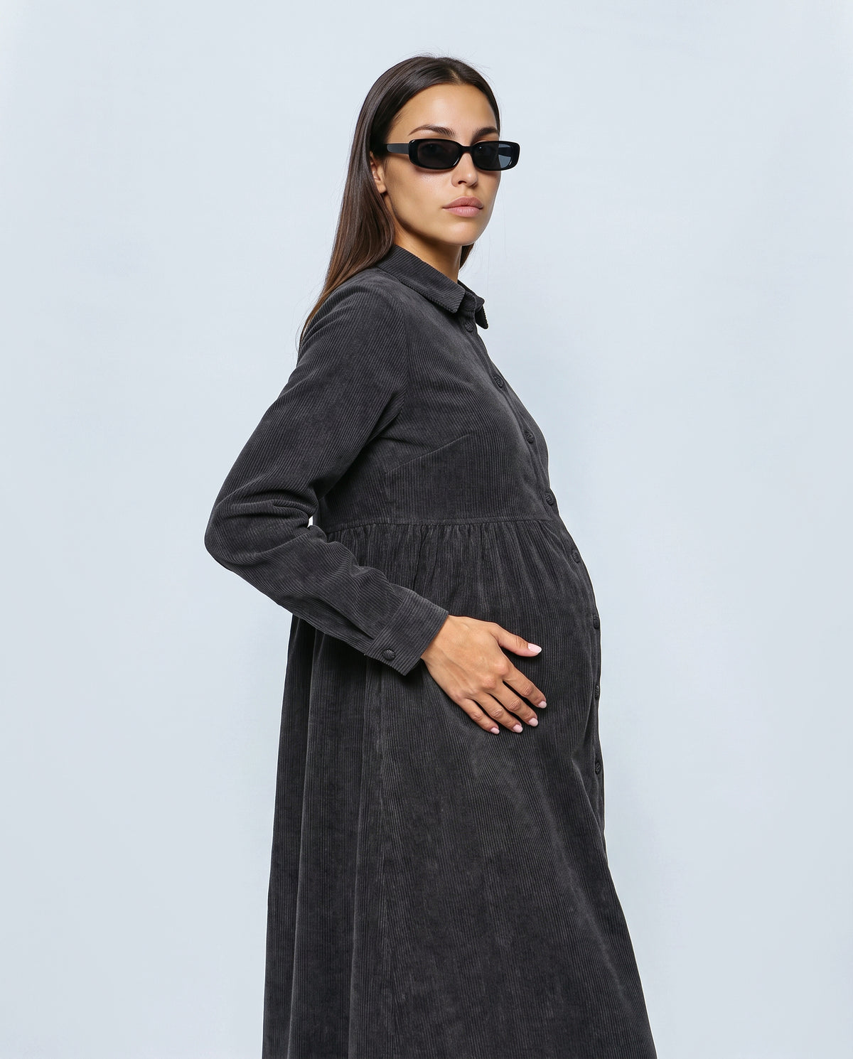 The Corduroy Shirt Dress in Charcoal, side view
