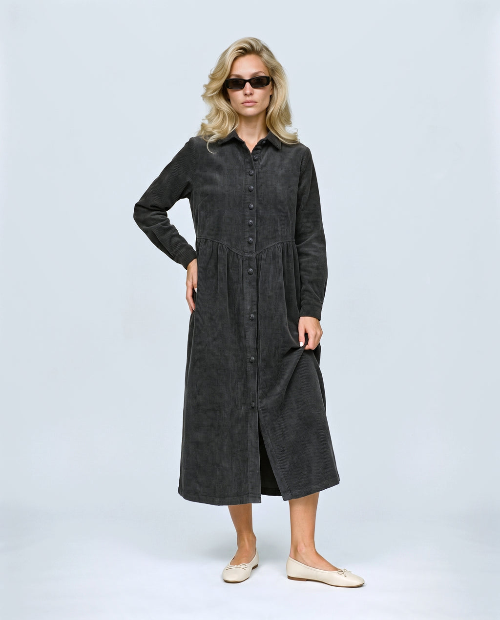 The Corduroy Shirt Dress in Charcoal, front view on a non-pregnant model