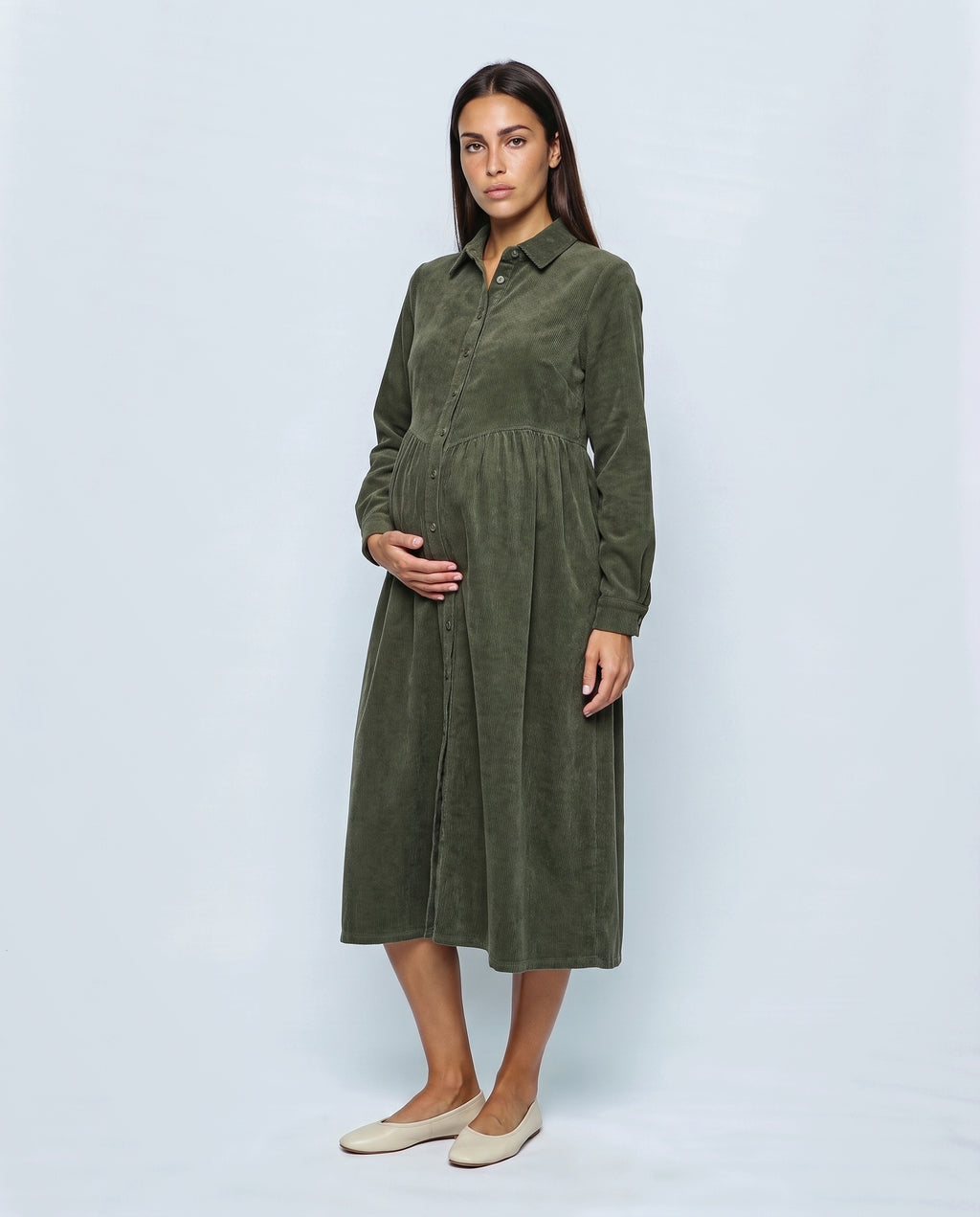 The Corduroy Shirt Dress in Olive, front view