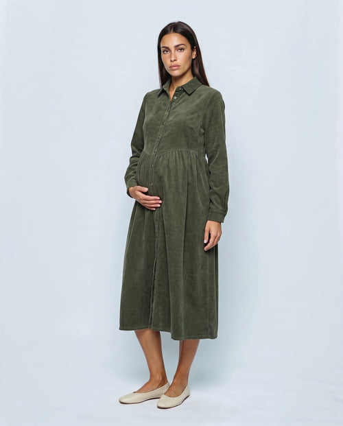 The Corduroy Shirt Dress in Olive, front view
