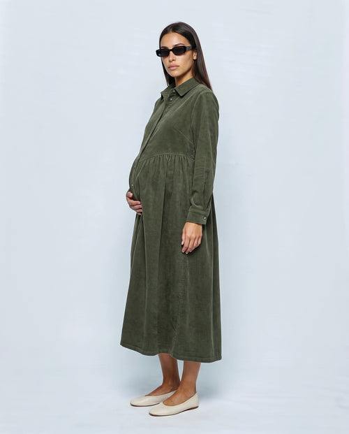 The Corduroy Shirt Dress in Olive, side view