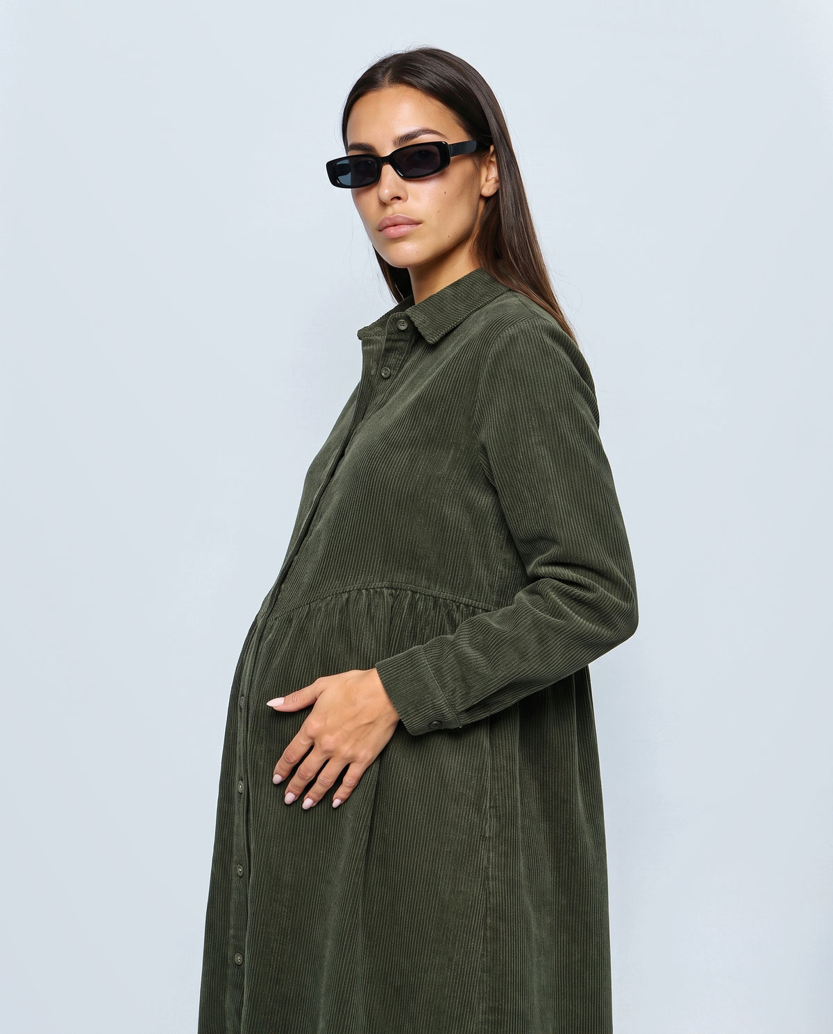 The Corduroy Shirt Dress in Olive, side close-up