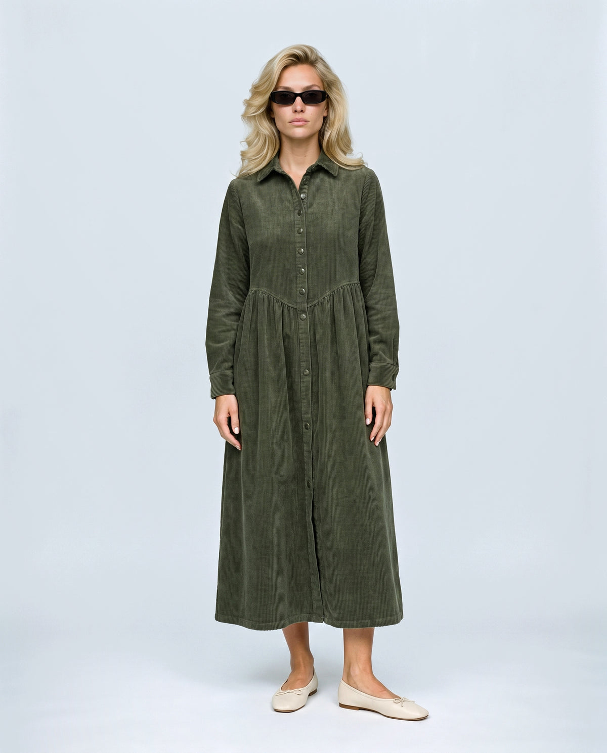 The Corduroy Shirt Dress in Olive, front view on a non-pregnant model