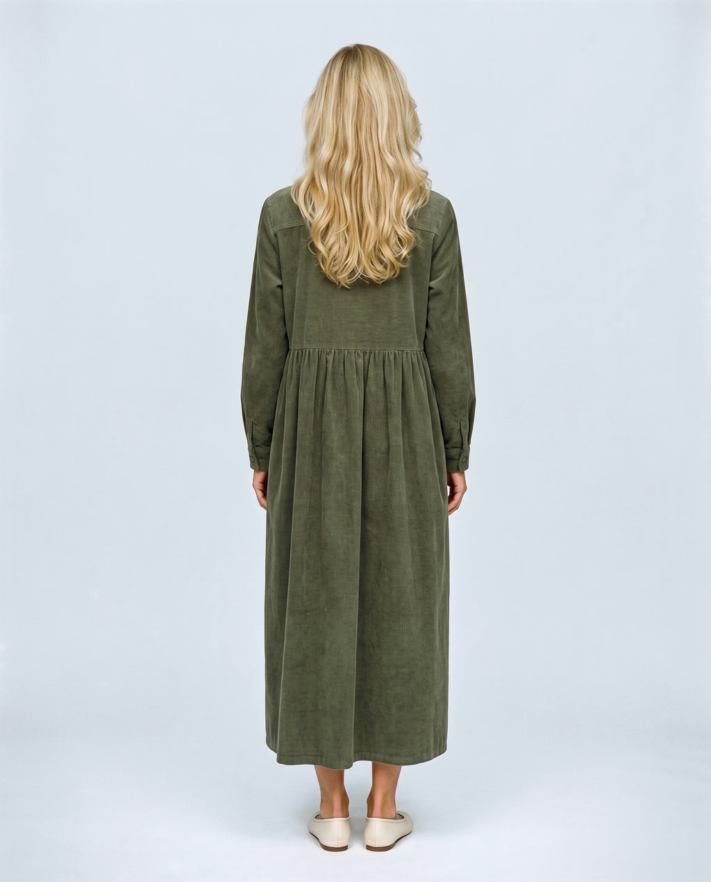 The Corduroy Shirt Dress in Olive, back view on a non-pregnant model