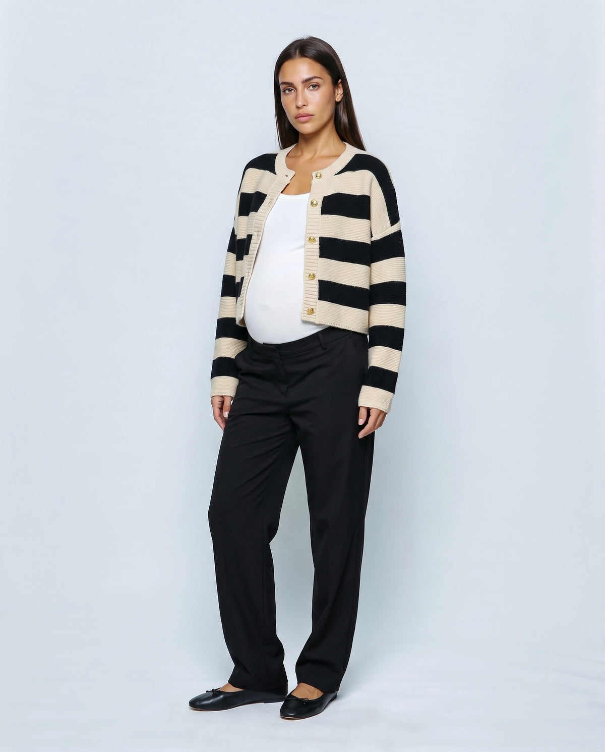 Renee Striped Button Cardigan in Black stripe, closed over the bump