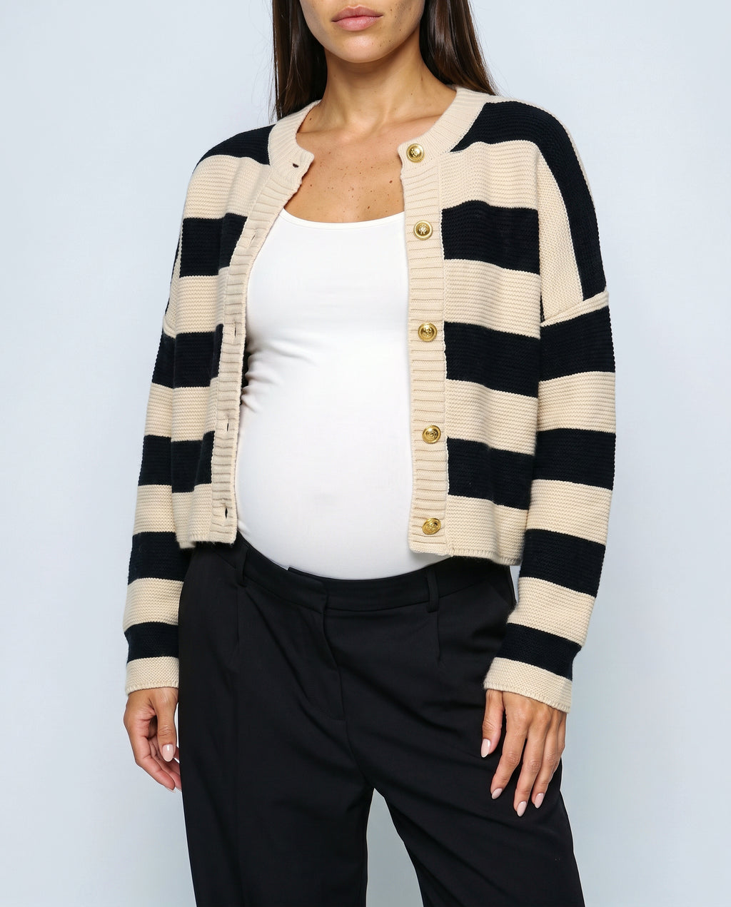 Renee Striped Button Cardigan in Black stripe, fabric detail