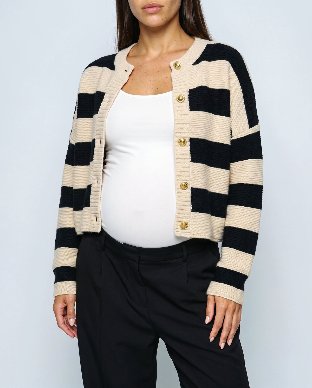 Renee Striped Button Cardigan in Black stripe, fabric detail
